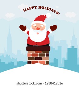 Santa Claus is sitting on a pipe for Christmas. Vector illustration on city background.