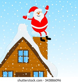 Santa Claus sitting on a pipe of a wooden house, vector illustration