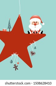 Santa Claus Sitting On Red Star With Icons Turquoise