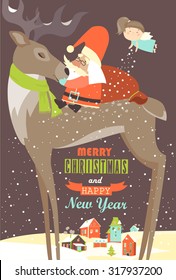 Santa Claus sitting on reindeer. Vector greeting card