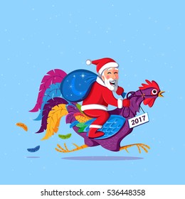 Santa Claus sitting on a rooster. Rooster symbol of 2017 year. Funny card vector illustration