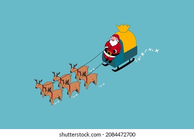 Santa Claus is sitting on a sleigh with a reindeer. He is bringing presents to the children for Christmas. Isomatric Illustion of santa claus on blue background.