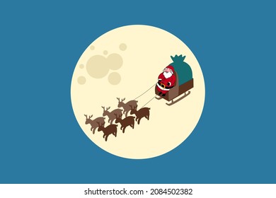 Santa Claus is sitting on a sleigh with a reindeer. He is bringing presents to the children for Christmas. Isomatric Illustion of santa claus on moon background