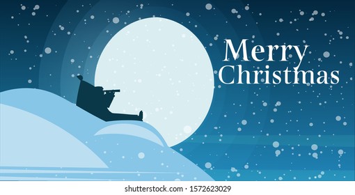 santa claus sitting on snowdrift looking through binoculars over full moon in night sky merry christmas happy new year holidays celebration concept horizontal greeting card vector illustration