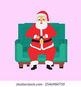 Santa Claus sitting on the sofa with playing a video game flat art vector illustration.