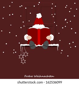 Santa Claus sitting on the window sill and reading a book German text: Merry Christmas