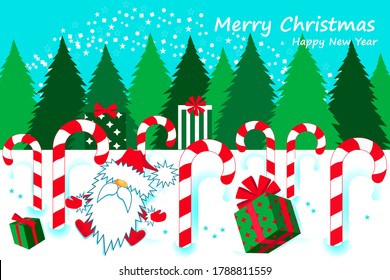 Santa Claus is sitting in the snow among the candies and gifts in the spruce grove. Text Merry Christmas and Happy New Year. Card , greeting, invitation, web. Hand drawn vector