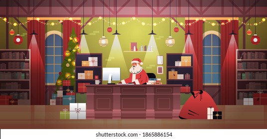 santa claus sitting at workplace and using computer merry christmas happy new year holidays celebration concept decorated office interior horizontal vector illustration