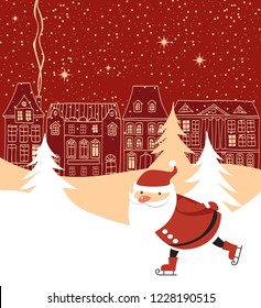Santa Claus skaitnig over red Christmas town background