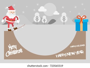 Santa Claus skater, Christmas and Happy New Year card background, Flat style vector illustration post card size.