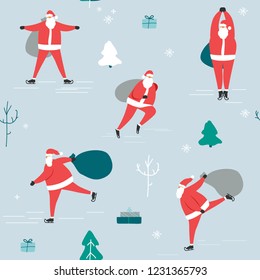 Santa Claus Skating funny cartoon seamless pattern with trees, gifts and snowflakes. 