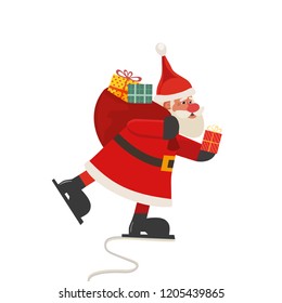 Santa Claus skating icon isolated on white. Cartoon cute character. Father Christmas carrying sack with gifts. Template for winter season holiday invitation celebration background. Vector Illustration