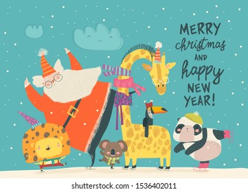 Santa Claus skating with lion, giraffe,panda and koala