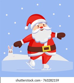 Santa Claus skating outdoors on skating rink, bunny looks after him vector illustration postcard isolated. Father Christmas winter sport activities