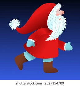 O Papai Noel está patinando em uma jaqueta vermelha com flocos de neve. Ano Novo e Natal imagens fundo adesivos para cartões e decorações. Plano de fundo azul de ilustração vetorial