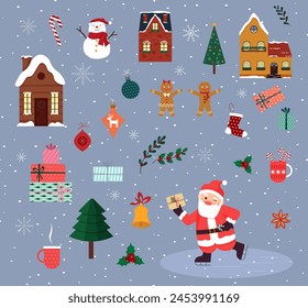 Santa Claus is skating. Set of festive New Year elements. Holiday attributes - gingerbread men and snowman, winter houses. Gifts, Christmas trees and Christmas tree decorations Flat vector.