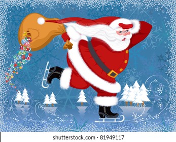 Santa Claus skating with the torn bag from which gifts falling