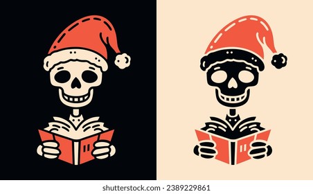 Santa Claus skeleton reading a book. Scary Christmas stories concept. Holiday season activity. Dark academia gothic book lovers. Creepy Christmas decoration. Minimalist printable vector illustration.