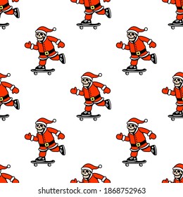 SANTA CLAUS SKELETON RIDES A SKATEBOARD SEAMLESS PATTERN COLOR WHITE BACKGROUND