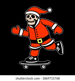 SANTA CLAUS SKELETON RIDES A SKATEBOARD COLOR BLACK BACKGROUND