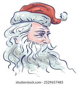 Papai Noel em desenho ilustração em chapéu vermelho. Desenho vetorial colorido para cartão de saudação para o Natal. Feliz Ano Novo.