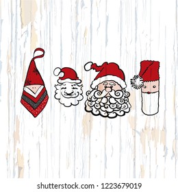 Santa claus sketches on wooden background. Vector illustration drawn by hand.