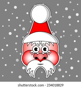Santa Claus with ski cap and red cheeks on a grey background with snow