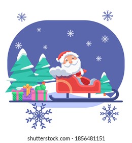 Santa Claus in skid and gifts on blue backdrop. Christmas holiday postcard for invitation or gift card, notebook, bath tile, scrapbook. Phone case or cloth print. Flat style stock vector illustration