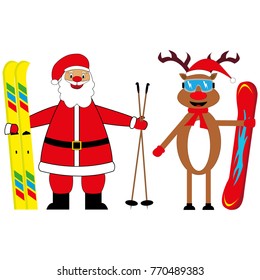 santa claus skier and deer snowboarder