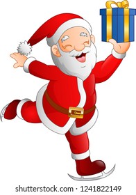 Santa claus skier holding a gift box
