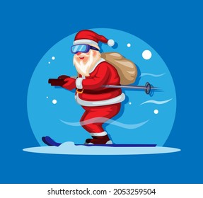 Santa claus skiiang with gift bag in back on christmas season character illustration vector