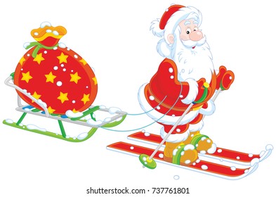 Santa Claus skiing and carrying his bag of Christmas gifts on his sledge