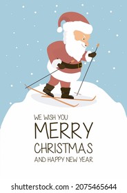 Santa Claus is skiing down the mountain. Christmas card.