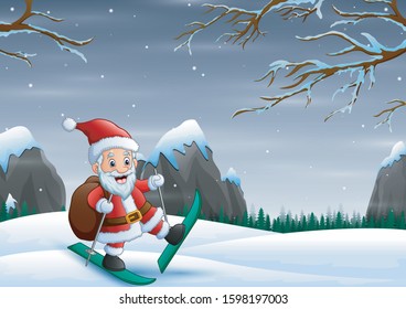 Santa claus skiing down the snow hill with his bag of christmas presents