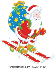 Papai Noel esquiando na colina da neve com seu grande saco de presentes de Natal