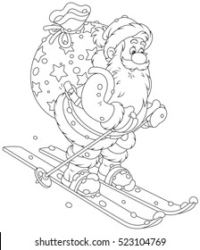 Santa Claus skiing down the snow hill with his big bag of Christmas gifts