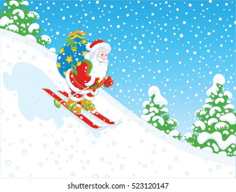 Santa Claus skiing down the snow hill with his big bag of Christmas presents