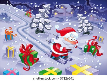 Santa Claus skiing in the night. Funny cartoon and vector illustration