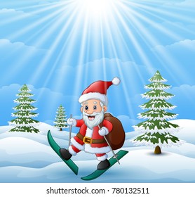Santa claus skiing in the snow hill with sack of gifts