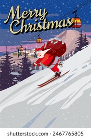 Santa Claus skiing in snow mountains with a sack full gifts, travel poste