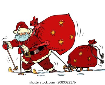 Santa Claus is skiing in the snow with a sled and gifts. Christmas and New Year. Winter seasonal holiday
