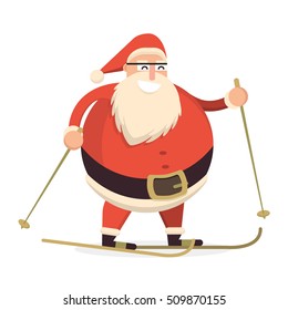 Santa Claus skiing with sticks. Cute cartoon cheerful and smiling Father Frost character running. Flat style vector illustration