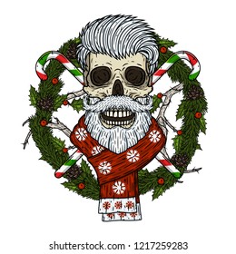 Santa claus skull. The skull of Santa Claus in the background of the branches of the mistletoe, сhristmas tree, and crossed candies. Cartoon skull. 