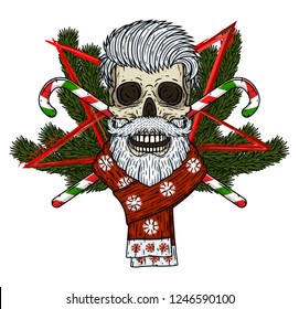 Santa claus skull. The skull of Santa Claus in the background of the branches of the mistletoe, сhristmas tree, and crossed candies. Cartoon skull. 