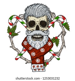Santa claus skull. The skull of Santa Claus in the background of the branches of the mistletoe, сhristmas tree, and crossed candies. Cartoon skull. 