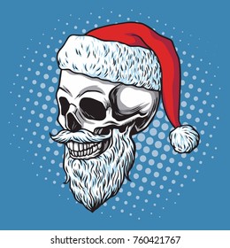 Santa Claus Skull Bearded. Cartoon Vector Hand Drawn Illustration