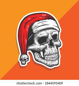 Santa Claus Skull. Cartoon Vector Hand Drawn Illustration