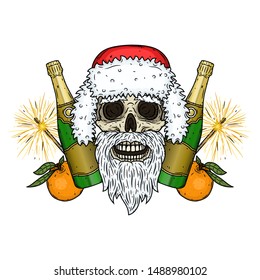 Santa claus skull with champagne, mandarin and sparklers