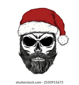 Santa Claus skull in Christmas hat. Isolated on white background. Hand drawn vector illustration