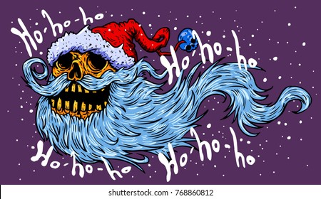 Santa claus skull. Funny cartoon vector illustration. Greeting card